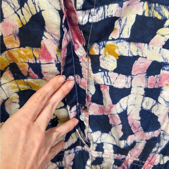 Busayo‎ Abstract Printed Midi Shirt Dress High Low Hem XS Navy Pink Yellow - Picture 4 of 7